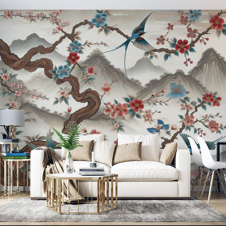 Japanese Cherry Blossom wallpaper mural creating a serene atmosphere in a modern living room with natural light