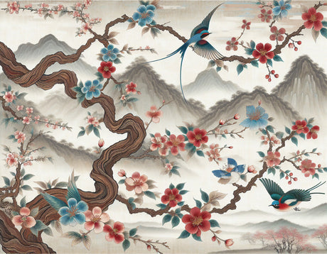 Cherry Blossom wallpaper design file showing detailed pink blooms and mountain landscape pattern