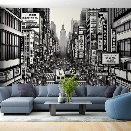 Japanese manga city wallpaper bringing urban style to a modern living room with black and white tones