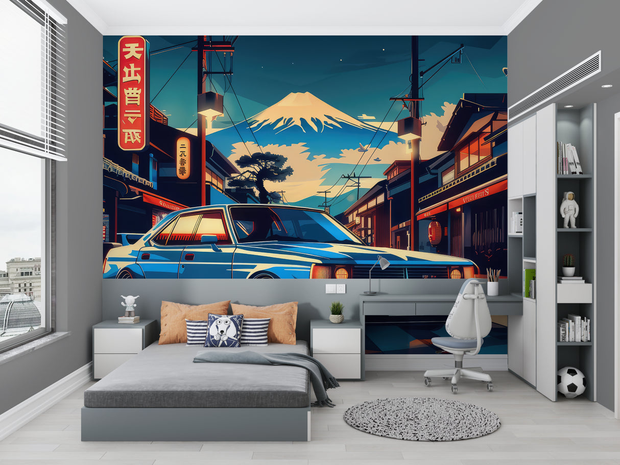 Japanese street wallpaper in modern gaming room with neon accent lighting