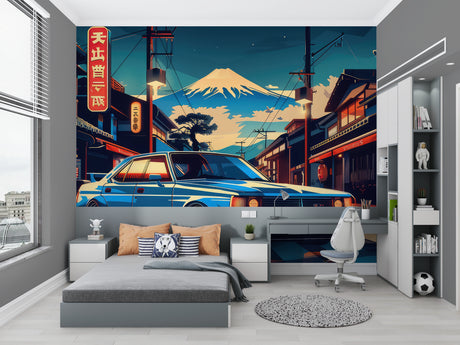 Japanese street wallpaper in modern gaming room with neon accent lighting