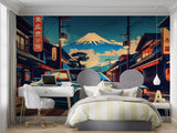 Mount Fuji wallpaper creating depth in minimalist bedroom