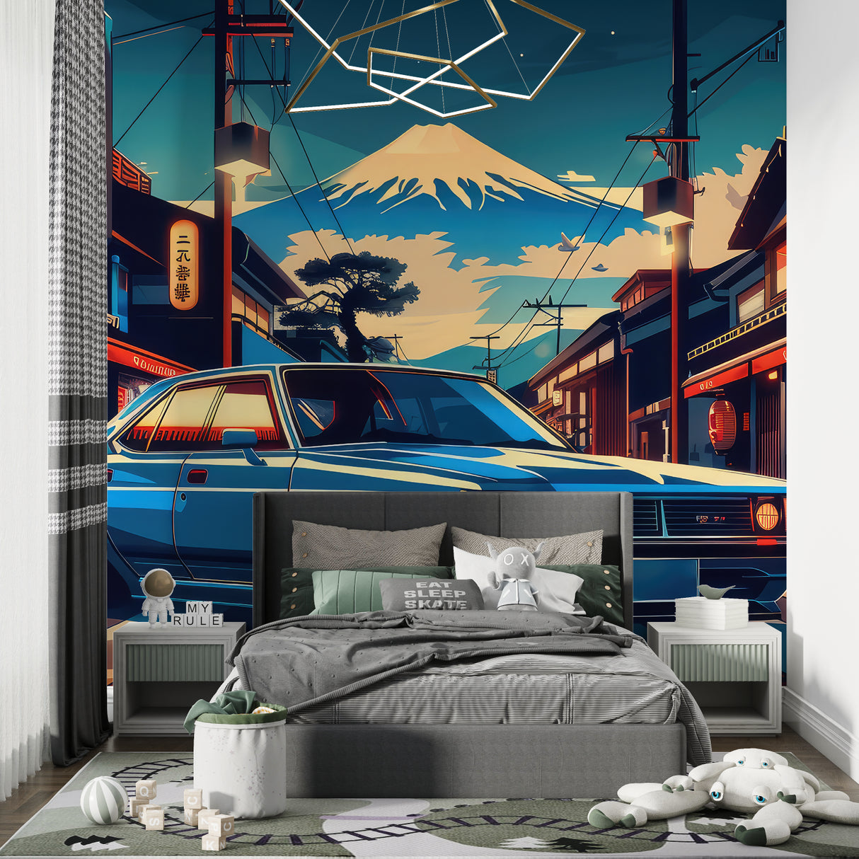 Japanese urban mural in teen room with gaming setup