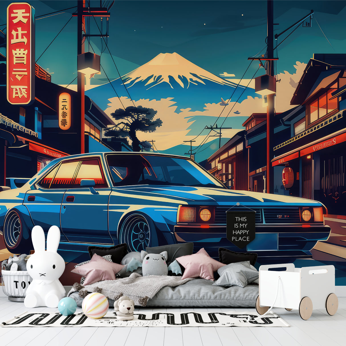 Japanese cityscape mural in contemporary living room