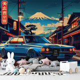 Japanese cityscape mural in contemporary living room