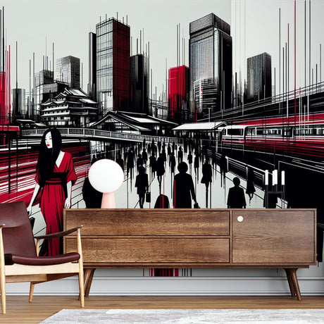 Japanese urban wallpaper featuring red and black cityscape design shown in a modern living room setting