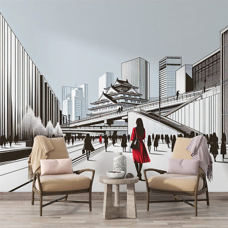 Japanese city wallpaper mural displayed in a minimalist living room with black furniture and red accents