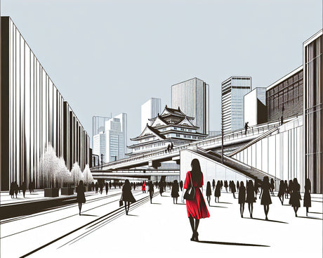 Japanese urban design file showing detailed cityscape pattern with temple silhouette and red figure