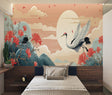 Japanese crane wallpaper in modern living room with minimal furniture showing scale and elegance
