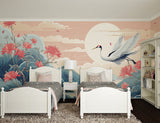 Asian crane wallpaper in dining room with soft sunset lighting
