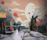 Japanese crane wall art in home office highlighting professional setting
