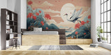 Asian inspired crane mural in entryway creating striking first impression