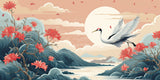 Japanese crane design file showing detailed coral sunset and flying bird pattern