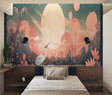 Japanese crane wallpaper in modern living room with pink sunset tones creating peaceful atmosphere
