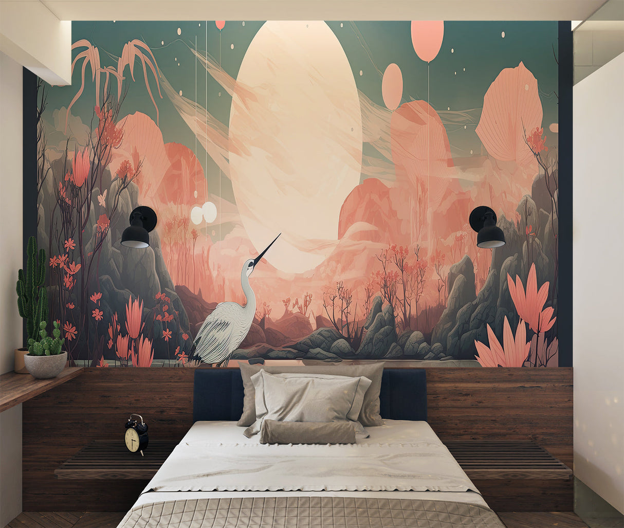 Japanese crane wallpaper in modern living room with pink sunset tones creating peaceful atmosphere