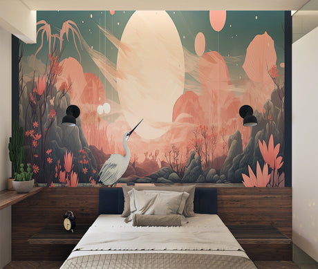 Japanese crane wallpaper in modern living room with pink sunset tones creating peaceful atmosphere