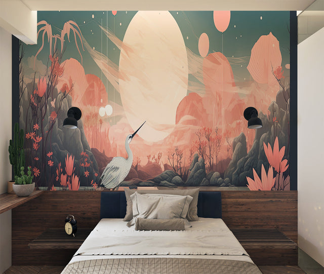Japanese crane wallpaper in modern living room with pink sunset tones creating peaceful atmosphere
