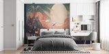 Home office with pink sunset crane wallpaper creating focus wall