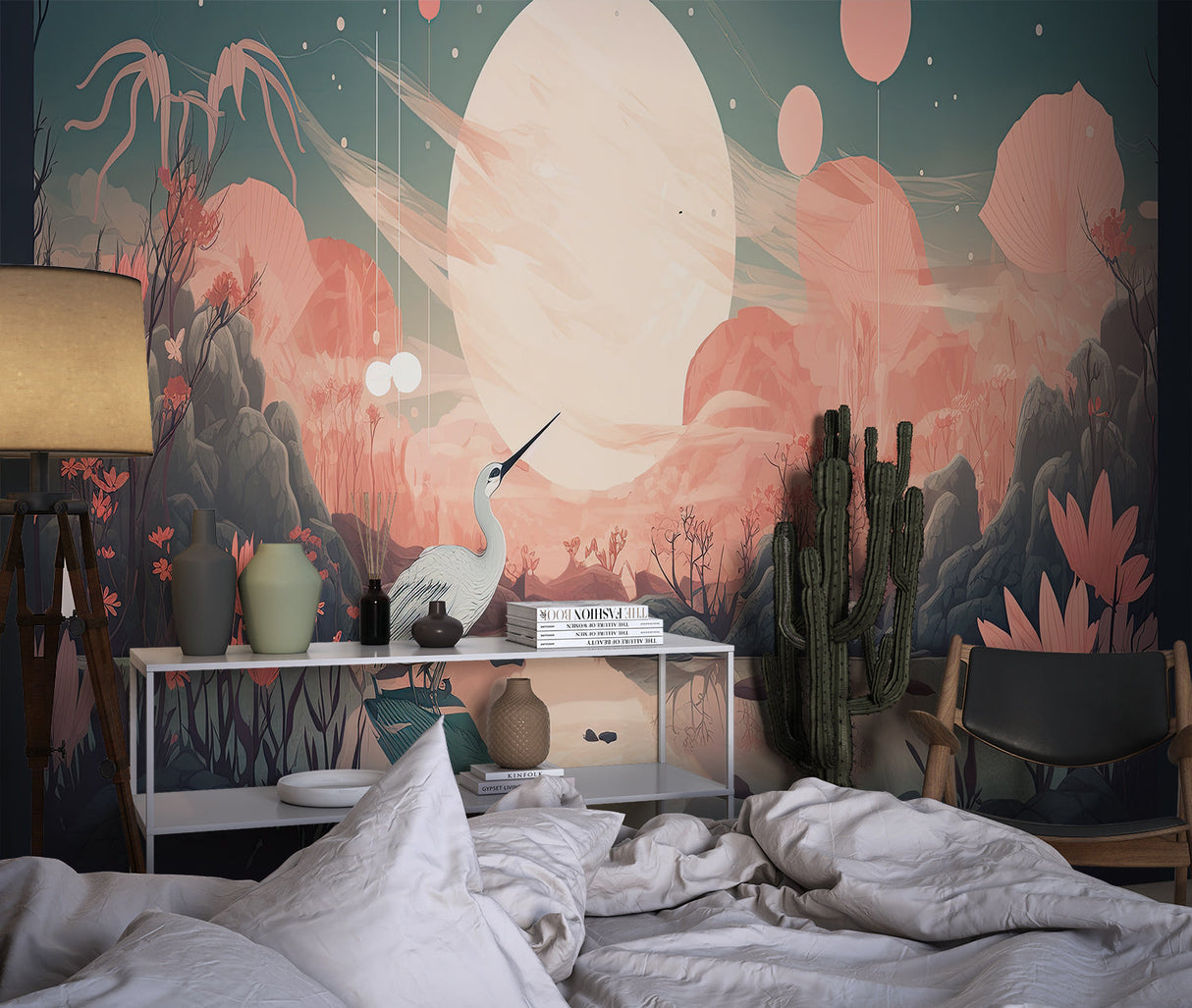 Dining room showcasing Japanese crane mural with evening light
