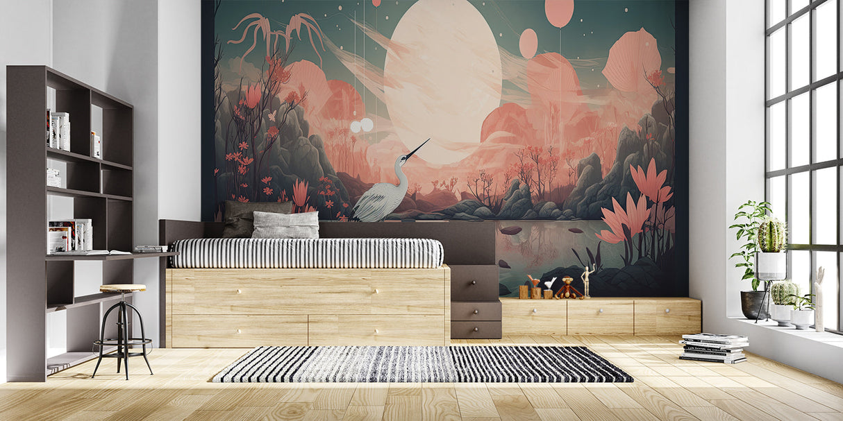 Design file of Japanese crane with pink sunset landscape pattern