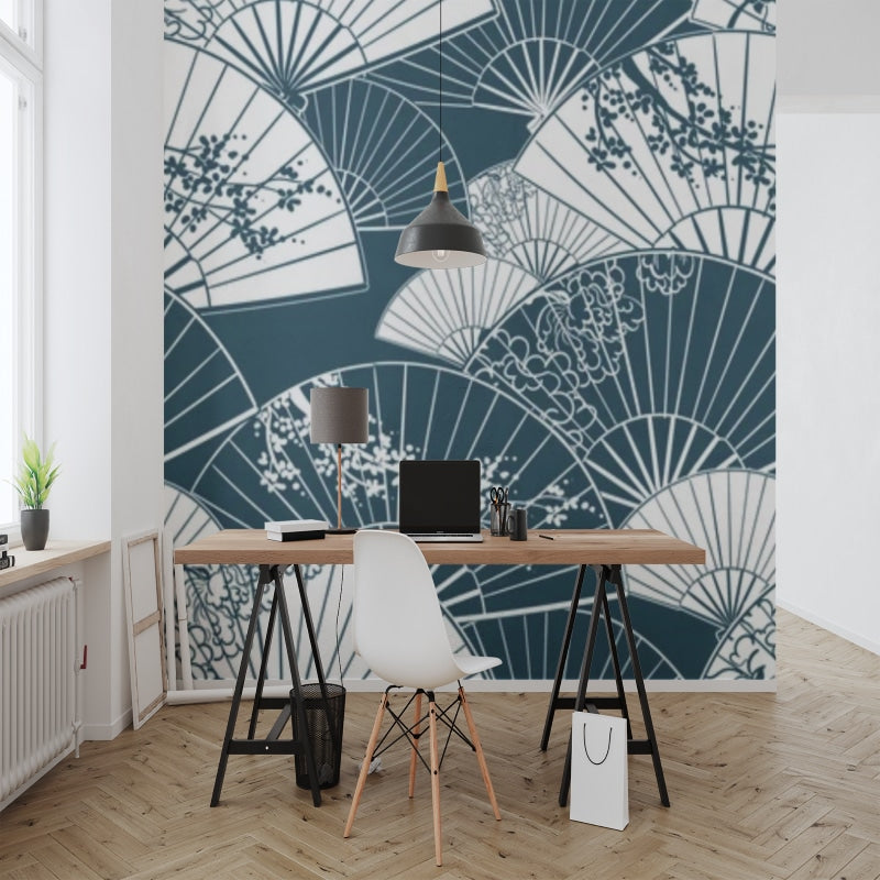 Japanese fan wallpaper creating a serene atmosphere in a modern living room with minimal furniture and natural light