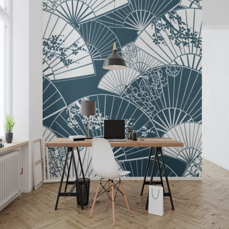 Japanese fan wallpaper creating a serene atmosphere in a modern living room with minimal furniture and natural light