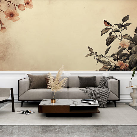 Japanese bird and cherry blossom wallpaper in a modern minimal bedroom, creating a peaceful sanctuary