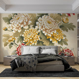 Japanese Chrysanthemum wallpaper creating a peaceful dining room atmosphere with warm neutral tones and elegant floral details