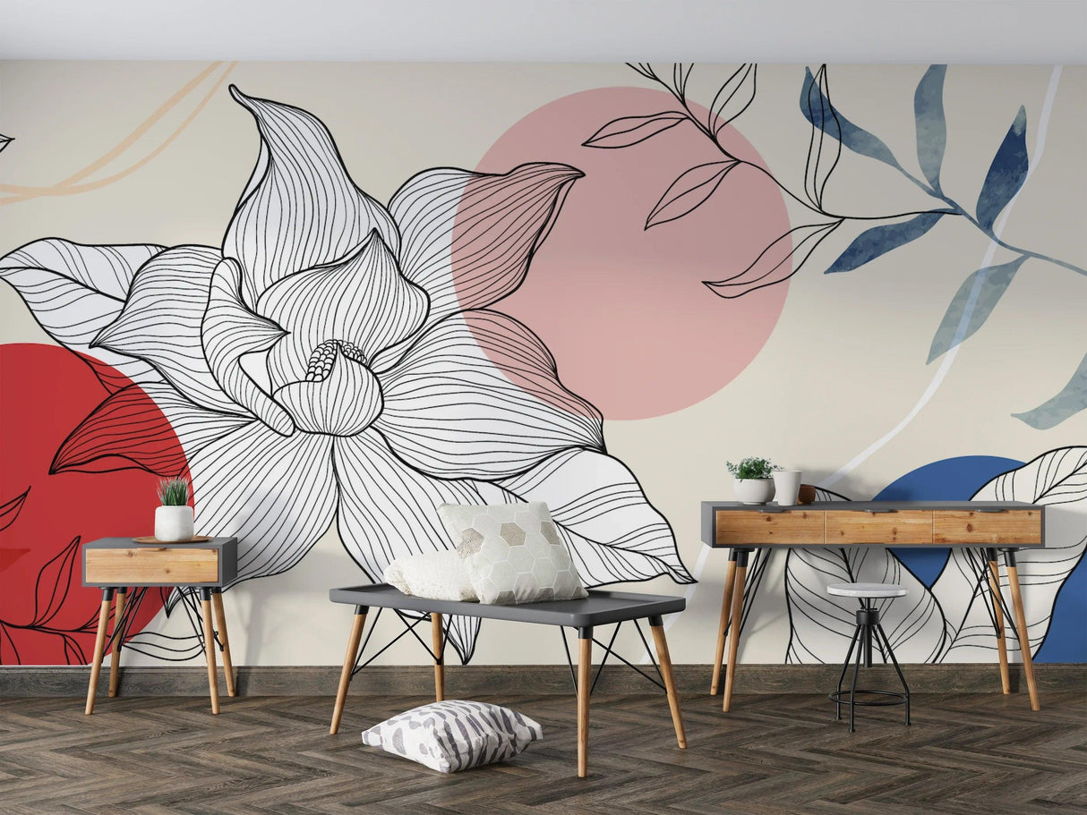 Japanese floral wallpaper with lotus design in modern living room showcasing clean lines and geometric patterns