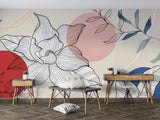 Japanese floral wallpaper with lotus design in modern living room showcasing clean lines and geometric patterns