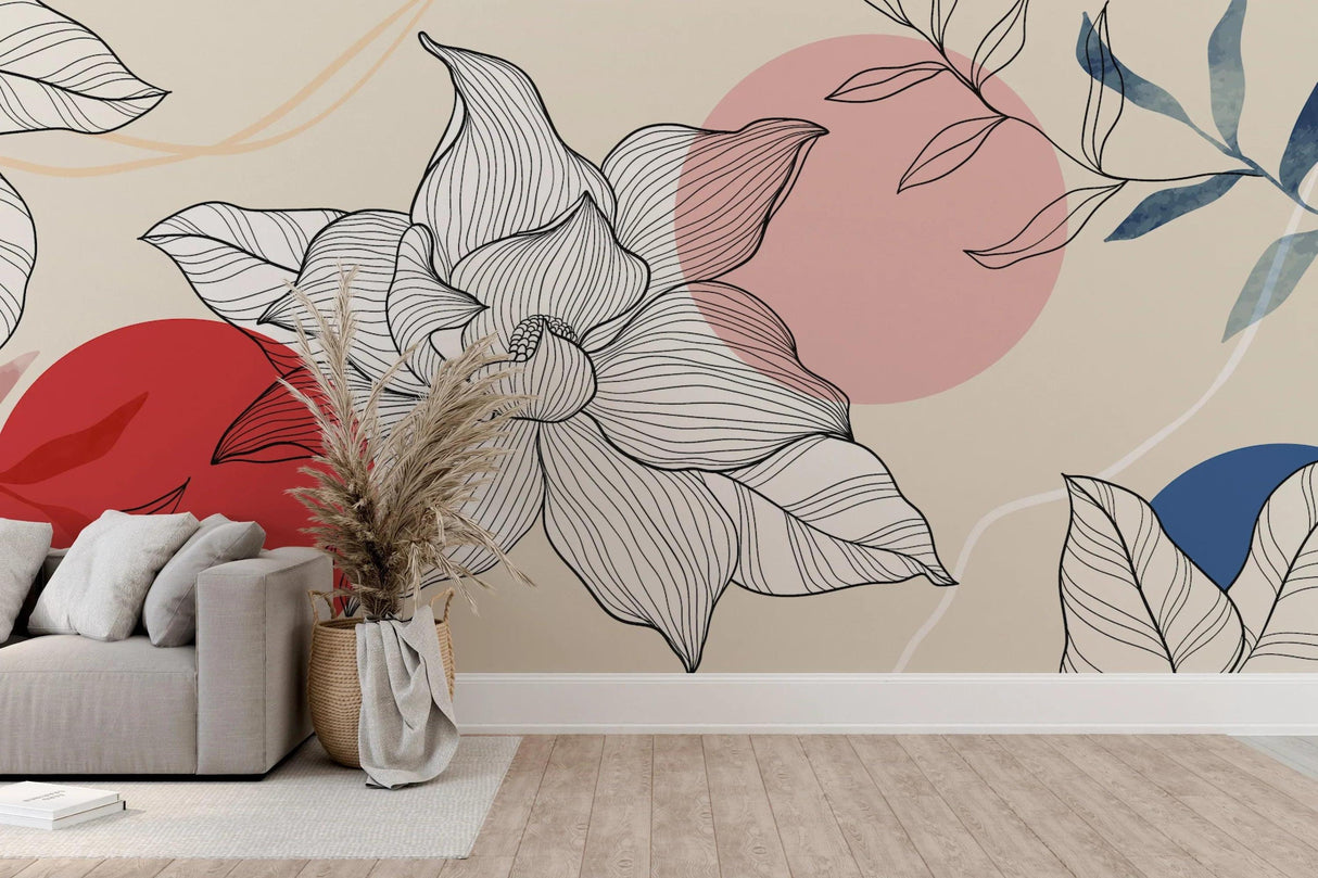 Line art lotus wallpaper creating serene atmosphere in minimalist bedroom with natural light