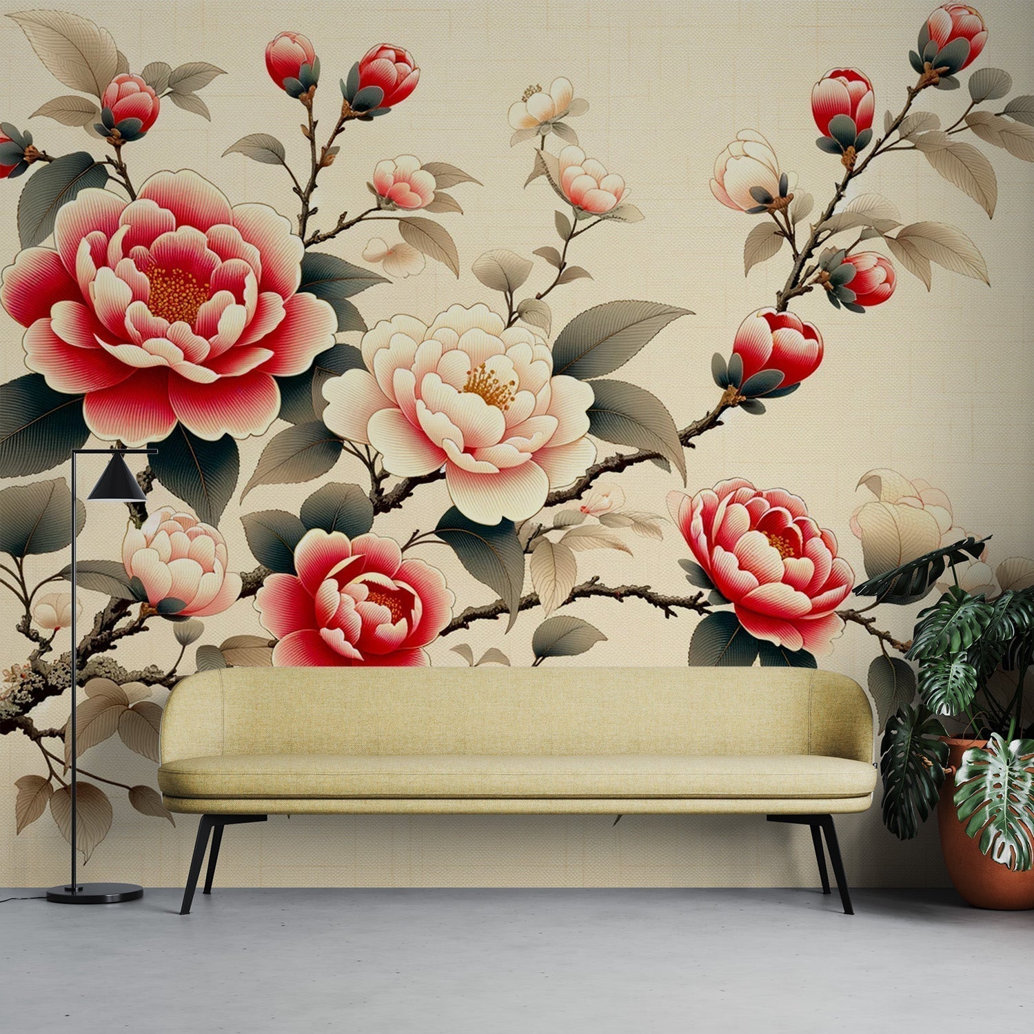 Japanese floral wallpaper creating a peaceful backdrop in a bright living room with modern furniture