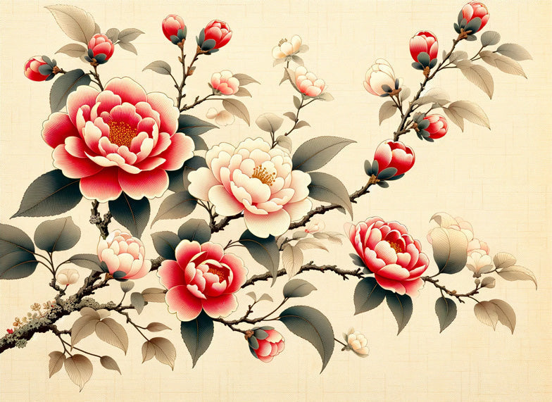 Japanese Camellia floral wallpaper design file showing detailed coral and cream blooms pattern