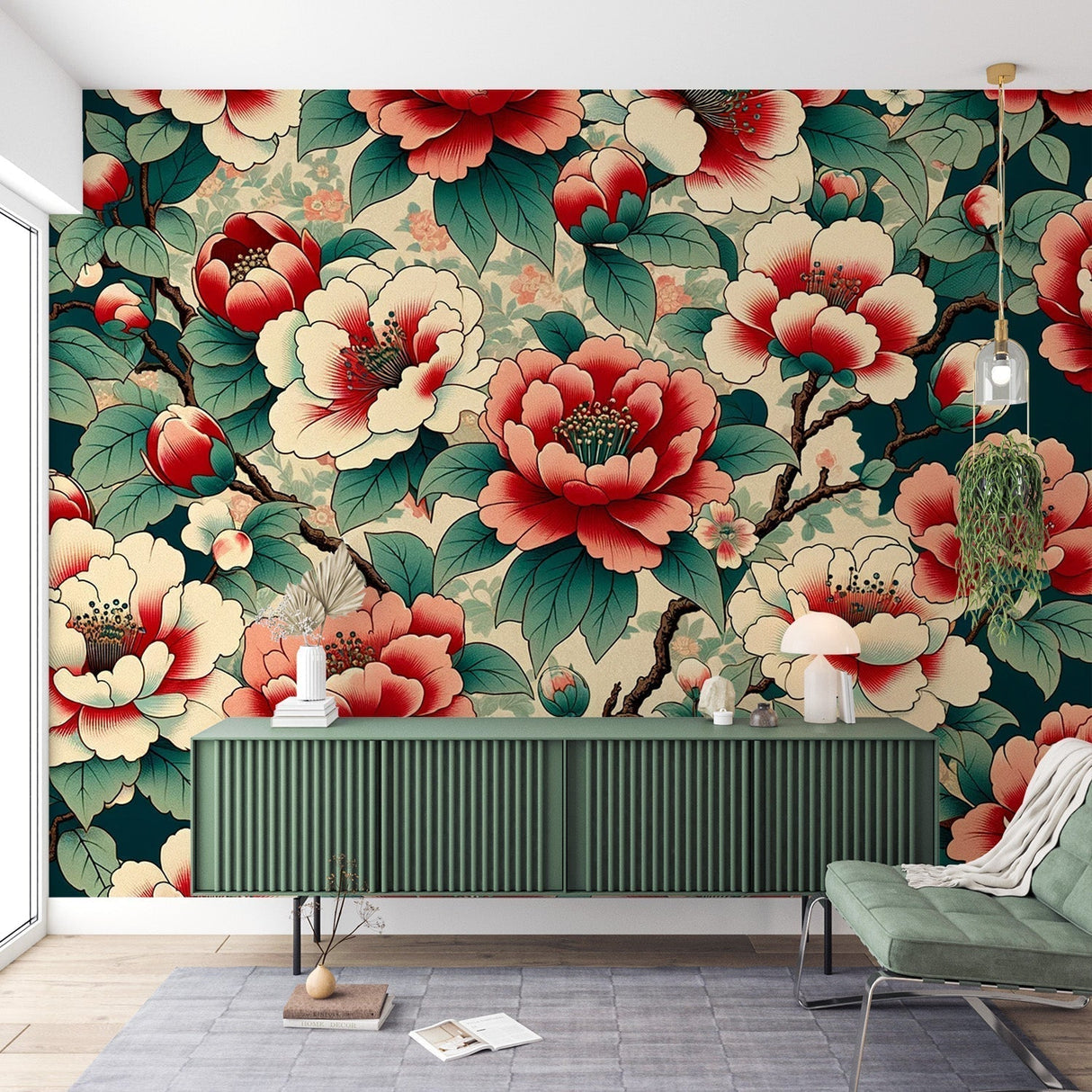 Japanese floral wallpaper with red camellias creating a zen atmosphere in a modern living room