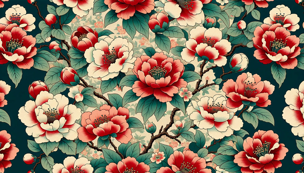Japanese Camellia wallpaper design file showing detailed floral pattern on teal background