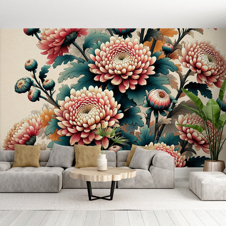 Japanese Chrysanthemum wallpaper in modern living room with neutral furniture showcasing the elegant coral-pink blooms