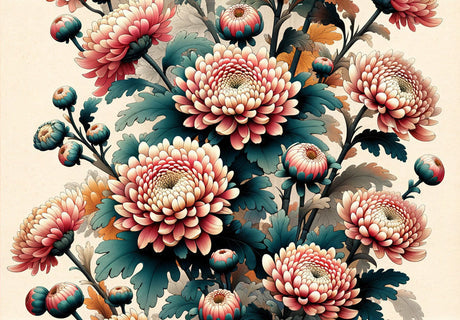 Japanese floral wallpaper design file showing detailed chrysanthemum pattern with teal leaves on cream background