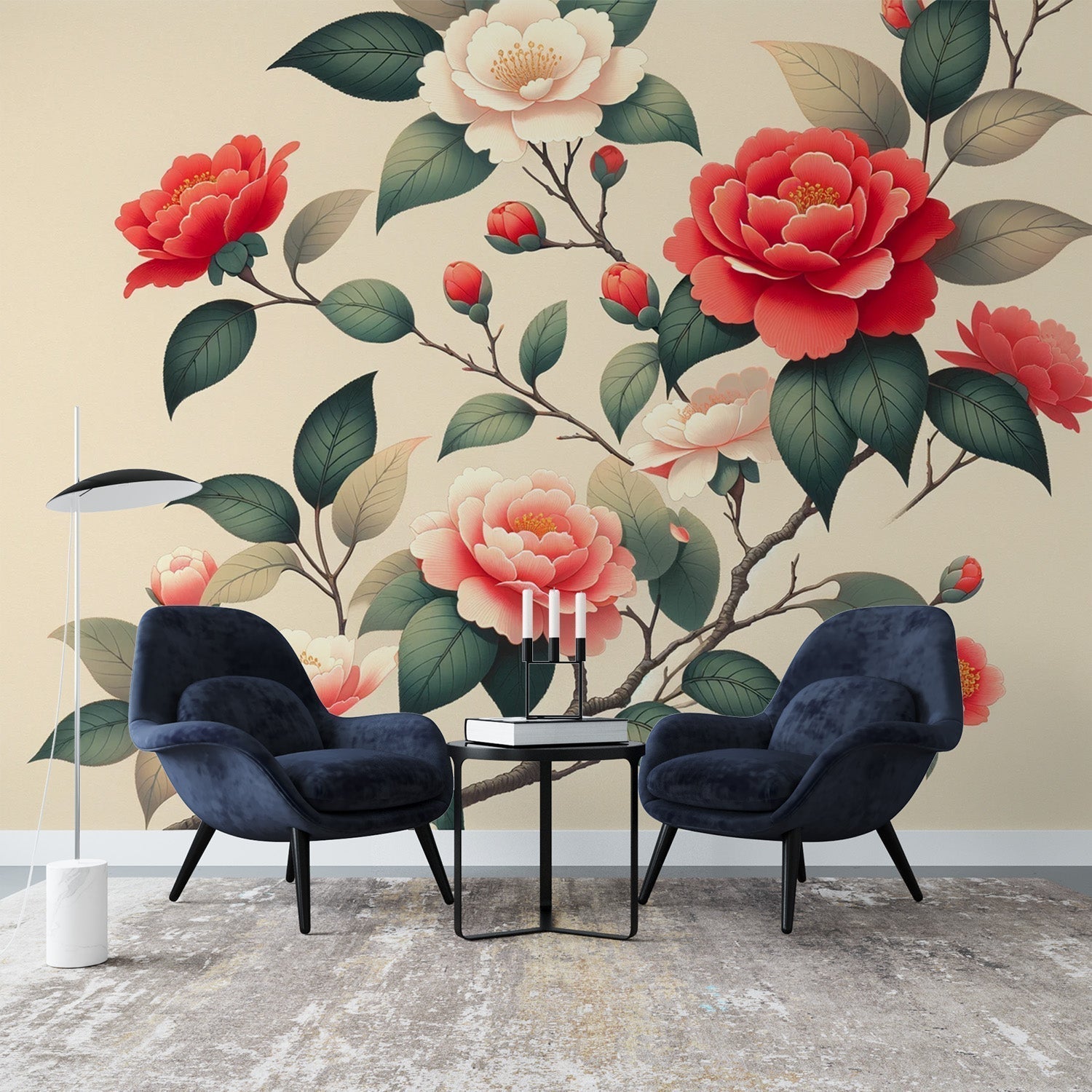 Japanese floral wallpaper with red camellias creating a peaceful atmosphere in a modern dining room