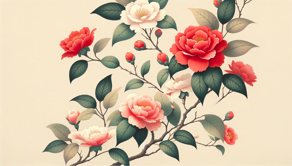Vintage Japanese camellia wallpaper design file with coral-red blooms and emerald leaves