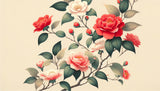 Vintage Japanese camellia wallpaper design file with coral-red blooms and emerald leaves