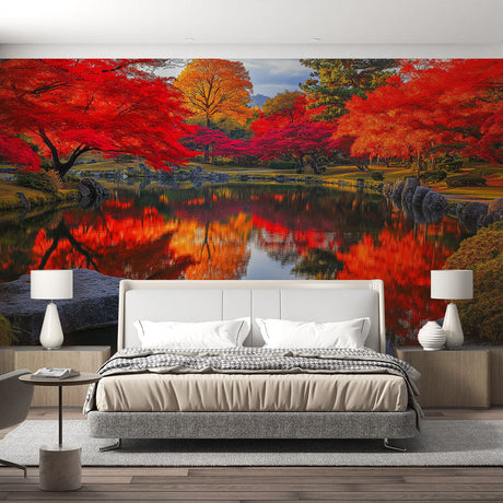Japanese garden wallpaper creating a serene atmosphere in a modern living room with autumn lake reflections