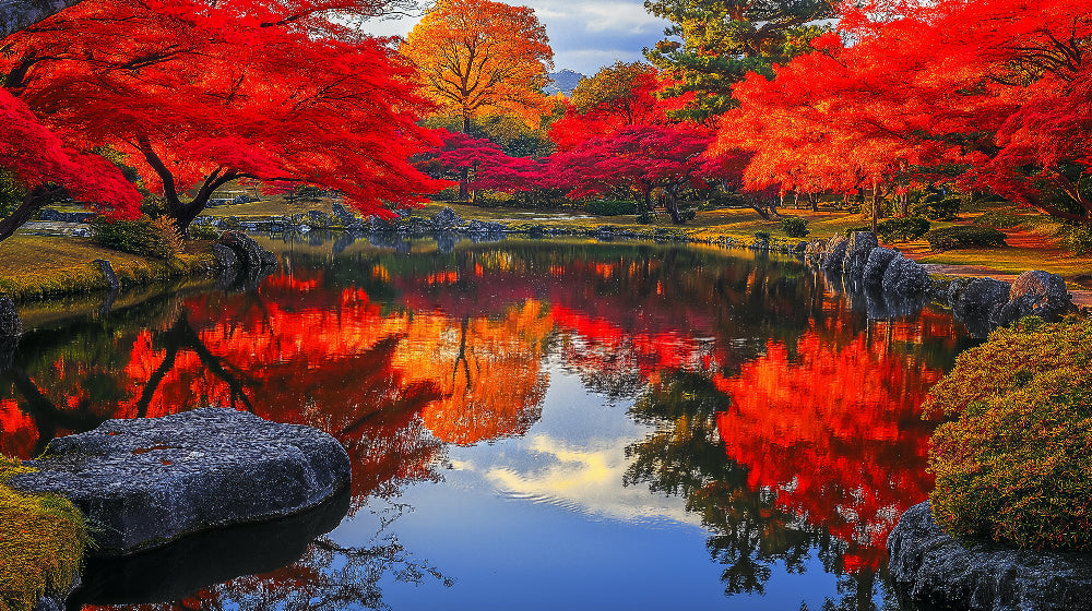 Japanese garden mural design file showing detailed autumn lake reflection pattern