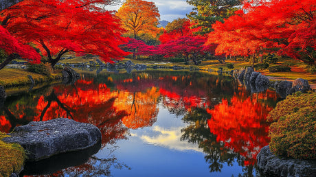 Japanese garden mural design file showing detailed autumn lake reflection pattern