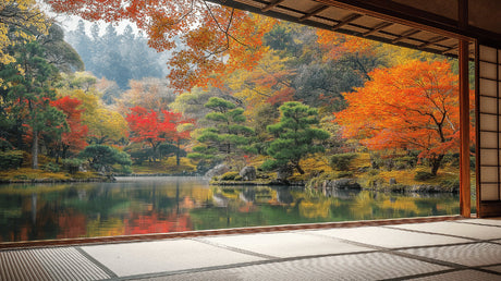 Japanese garden wallpaper design file showing detailed autumn lake scene with pine trees and maple leaves