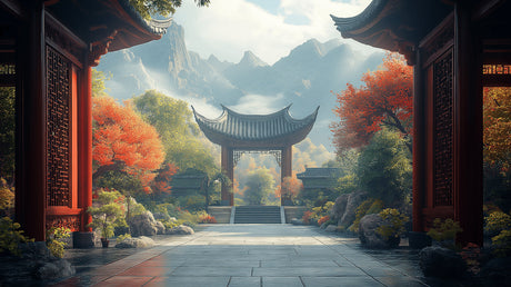 Japanese garden wallpaper creating a zen atmosphere in a modern living room, with pagoda and autumn maples