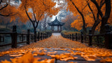 Japanese garden wallpaper design file showing detailed autumn path and golden pagoda pattern