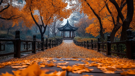 Japanese garden wallpaper design file showing detailed autumn path and golden pagoda pattern