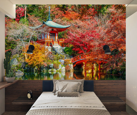 Japanese garden wallpaper in modern living room showing red bridge and autumn maples