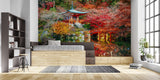 Japanese temple wallpaper transforming home office with autumn colors