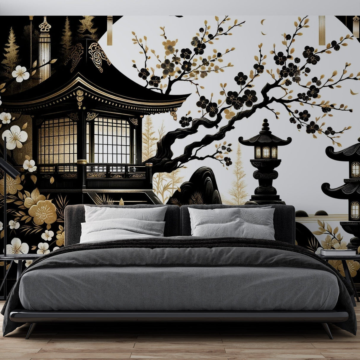 Japanese temple wallpaper mural in modern minimalist living room, black and gold zen design creating calm atmosphere